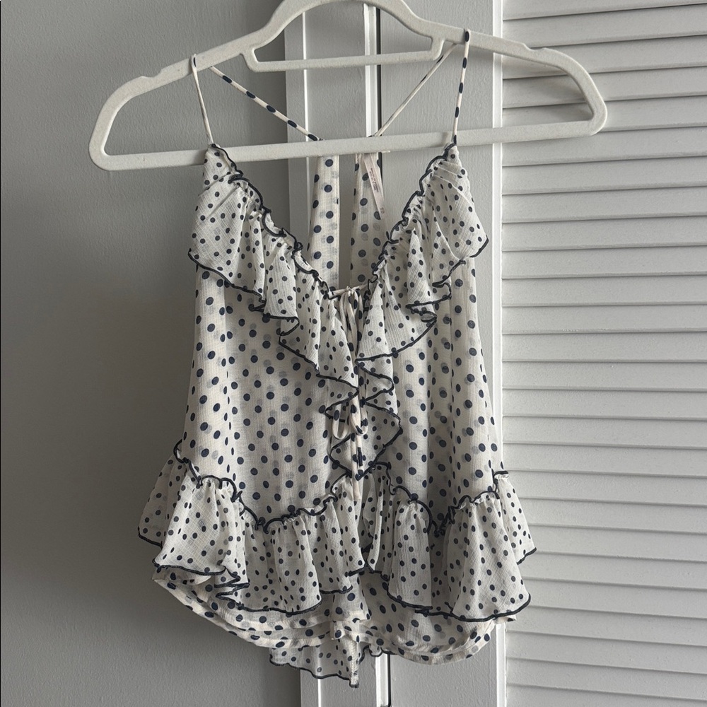 Free People Navy Polka Dot Ruffle Top